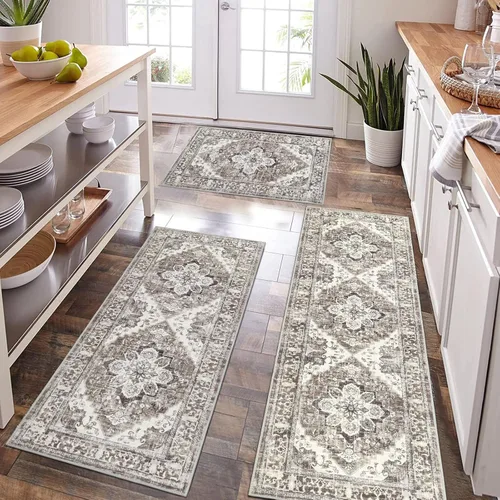 Vista 9 de Bsmathom - Juego de alfombras de cocina de estilo rústico de 3 piezas con corredor, alfombras de cocina antideslizantes y lavables, alfombras
