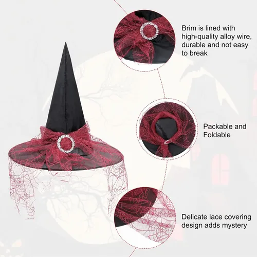 Vista 44 de Zando Sombreros de bruja de encaje para mujer, accesorios de disfraz de Halloween, accesorios de disfraz de bruja plegables para colgar