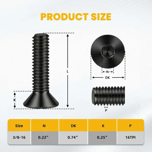 Vista 2 de 3/8-16 x 1 Tornillos de cabeza plana con tuerca de cabeza avellanada, pernos con cabeza avellanada, acero de aleación grado 10.9, rosca completa