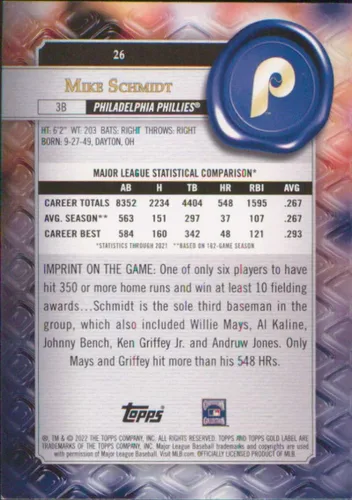 Vista 2 de 2022 Topps Gold Label Class 1#26 Mike Schmidt Philadelphia Phillies Baseball Card - GotBaseballCards