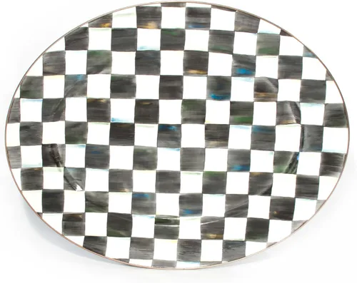 Vista 13 de MACKENZIE-CHILDS Bandeja Ovalada de Esmalte, Plato de Servir para Entretenimiento, Pequeño, Cuadros Cortesanos en Blanco y Negro