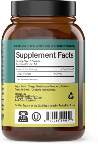 Vista 3 de Complete Natural Products Cápsulas orgánicas de hongos Chaga - 100 unidades, poder antioxidante orgánico, refuerzo inmunológico, apoyo intestinal