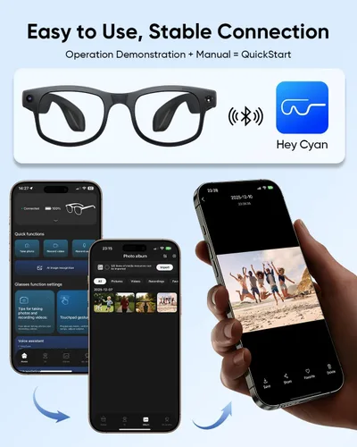Vista 6 de CJkao Gafas inteligentes con cámara, gafas de cámara HD, grabación de video, asistente de voz control bluetooth música ai gafas para adolescentes