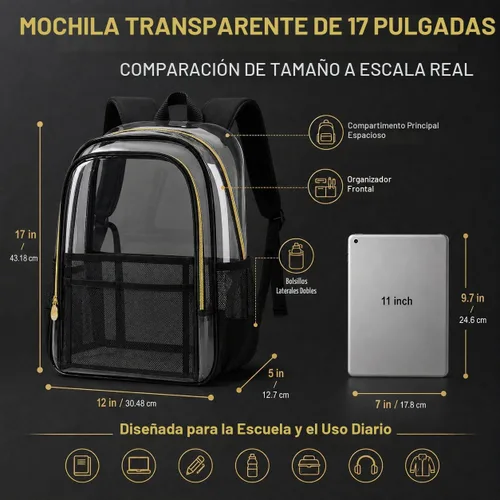 Vista 4 de Mochila transparente resistente para libros, mochila escolar traslúcida Mochila Chic Negra Transparente