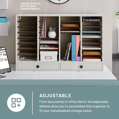 Vista 2 de Organizador para libros, hecho en madera y con compartimentos ajustables. Tamaño mediano., Gris