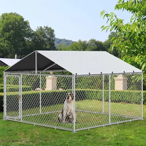 Vista 8 de YITAHOME Perrera para perros al aire libre con comederos giratorios, recinto para perros al aire libre de 7.5 x 7.5 pies con techo, jaula resistente