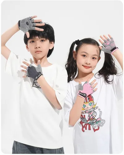 Vista 8 de Guantes de ciclismo para niños y niñas de 5 a 9 años de edad, color rosa con medio dedo, antideslizantes, con relleno, antideslizantes, sin dedos