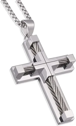 Vista 2 de Collar con colgante de cruz de Jesucristo grande de acero inoxidable 316L, joyería religiosa para hombres, cadena Rolo de 24 pulgadas