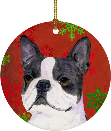 Vista 52 de Caroline's Treasures Affenpinscher - Adorno de cerámica para colgar en el árbol de Navidad con copos de nieve rojos y verdes, para el hogar