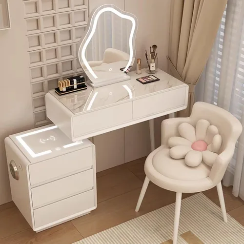 Vista 25 de Tocador con espejo con luces, mesa de tocador con cajones, mesa de maquillaje blanca, 3 modos de iluminación de brillo ajustable, para dormitorio