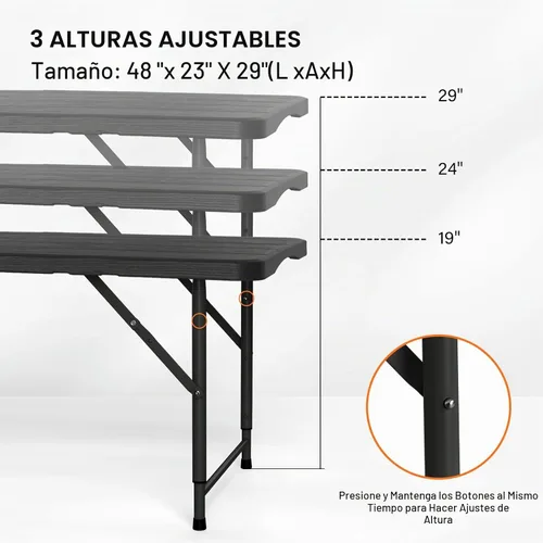 Vista 3 de Vingli - Mesa plegable de 4 pies de plástico para camping, altura ajustable en 3 niveles, portátil para interiores/exteriores, mesa de fiesta Negro