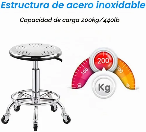 Vista 5 de Taburete de acero inoxidable resistente para banco de trabajo, taburete giratorio ajustable con 5 ruedas, estructura de acero inoxidable 304, cojín