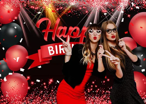 Vista 3 de AIIKES Telón de fondo de feliz cumpleaños de 7 x 5 pies con globos rojos con purpurina para niñas y mujeres, decoración de fiesta de fotografía