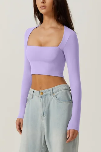 Vista 2 de QINSEN Camiseta corta sexy de manga larga con cuello cuadrado para mujer