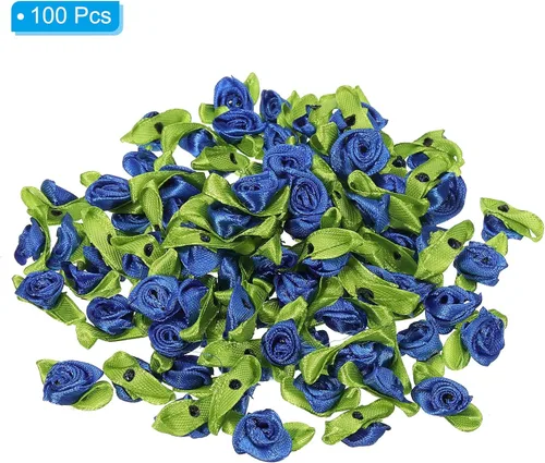 Vista 3 de PATIKIL Mini rosas de cinta, 100 unidades, pequeñas flores de tela de satén con adornos de hojas verdes, rosetas para manualidades, costura, boda