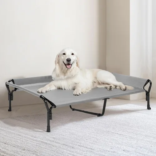 Vista 7 de Veehoo Cama elevada refrescante para perros, cuna elevada XL para mascotas con barandilla y reposacabezas inclinado, malla Teslin transpirable Gris