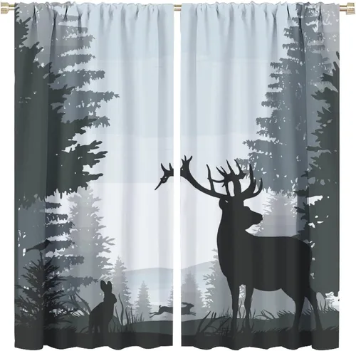 Vista 26 de Cortinas opacas con diseño de ciervos, bosque brumoso, rústico, vida silvestre, alce, montaña, pájaros, pino, bosque, cortinas de ventana