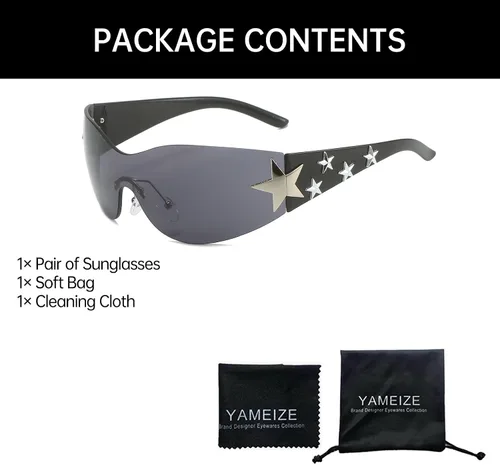 Vista 5 de YAMEIZE Y2K - Gafas de sol envolventes con forma de estrella, diseño de pentagrama futurista de los años 2000, sin montura para mujeres y hombres