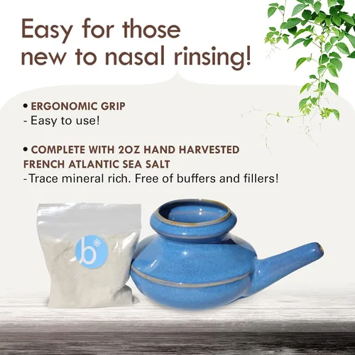 Vista 2 de Baraka Neti Pot de cerámica de Estados Unidos con sal marina mineral de 2 onzas, enjuague nasal salino para congestión estacional, descarga nasal