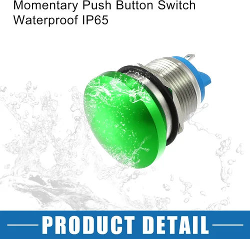 Vista 6 de Impermeable IP65 Momentaria Cabeza de Seta Interruptor de Botón para Coche Metal 0.748 in 3A 250V Botón Interruptor Verde (juego de 2)