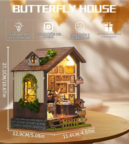 Vista 4 de Roroom Casa de muñecas en miniatura con muebles, kit de casa de muñecas para adultos y adolescentes, Booknook Tiny House Librería Decoración Mini