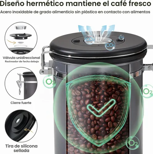 Vista 3 de Veken Recipiente de café, recipiente hermético de acero inoxidable para almacenamiento de alimentos con rastreador de fecha y cuchara para café Gris