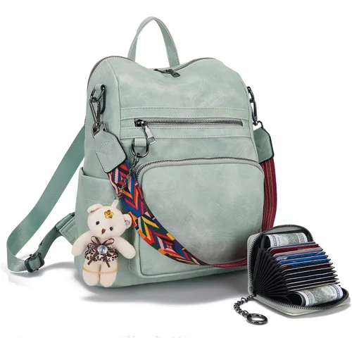 Vista 12 de Qiyuer Mochila de piel sintética para mujer, bolso de hombro convertible de viaje para mujer, color negro