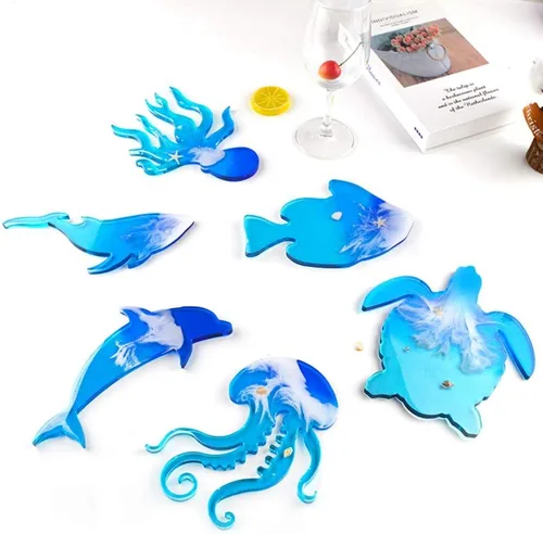 Vista 2 de FUYAKEJI - Moldes de resina de animales marinos, posavasos de silicona para delfines marinos, pulpos, tortugas, medusas, ballenas, peces para resina