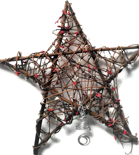 Vista 8 de Estrella de árbol de Navidad rústica de ratán y bayas en elección de tamaño grande o pequeño