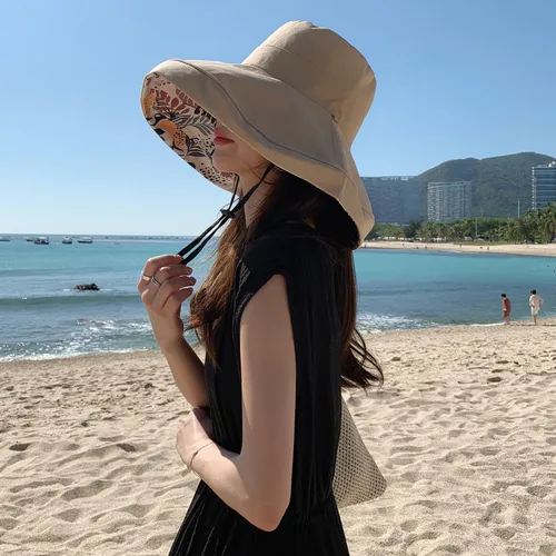 Vista 56 de Sombrero de sol de ala súper ancha para mujer, de algodón, plegable, reversible, con borde con cable, protección UV, verano, playa, viajes, jardín