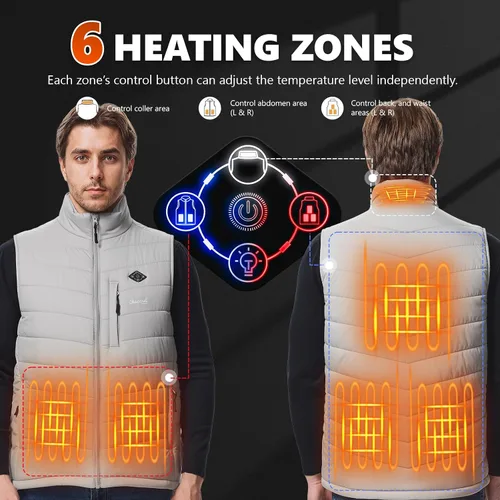 Vista 4 de Chaleco térmico para hombre con batería incluida, chaleco de calefacción eléctrico recargable de 7.4 V, temperatura inteligente. Control