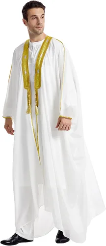 Vista 3 de Abaya Dubai Jalabiya Thobe Muslim Ramadan Robe Arab Camisa Abaya Hombres Bordado Gasa Cubierta Blanco