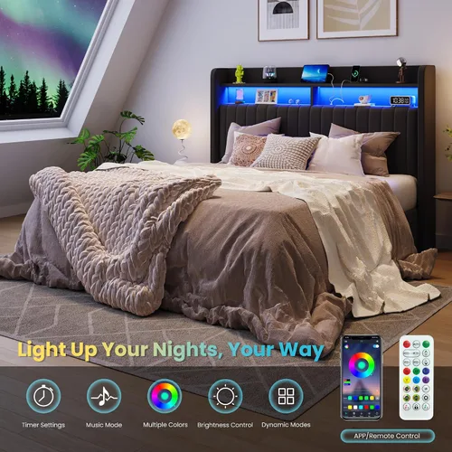 Vista 5 de SHA CERLIN - Estructura de cama de tamaño matrimonial con almacenamiento elevado/Luces LED/Estación de carga/Cabecero con estantes de 2 niveles/USB