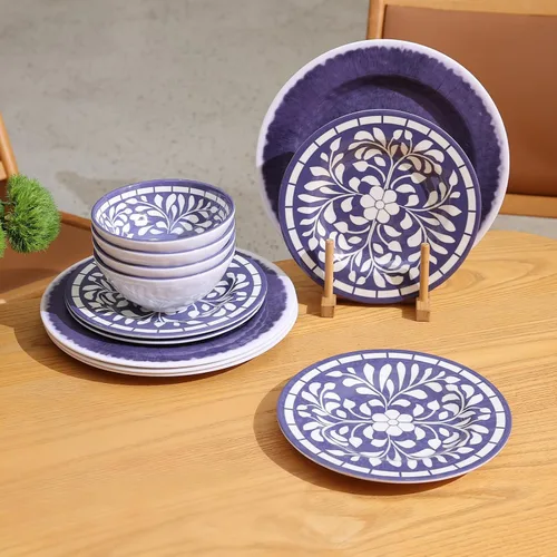 Vista 10 de Juego de vajilla de melamina Yinshine - 12 piezas de platos y tazones para 4, juego de platos y tazones para uso en interiores y exteriores - Apto