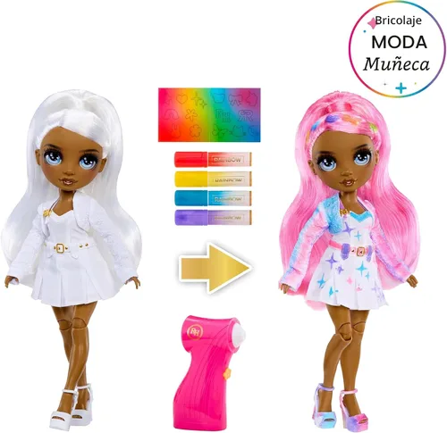 Vista 2 de Muñeca de moda DIY con aerógrafo Rainbow High y crea con kit de marcadores de aerógrafo, marcadores lavables arcoíris, cabello largo, ojos grises