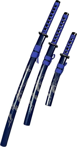 Vista 5 de Juego de espada samurái decorativa, colección Katana azul de 3 piezas con soporte de exhibición, 39.3/31.1/20.4 pulgadas