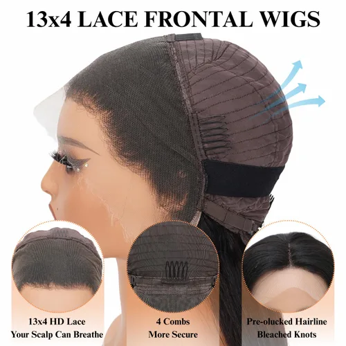 Vista 3 de AAKJJ Pelucas de cabello humano con encaje frontal, densidad del 200%, peluca lacia prearrancada, suave, color natural, 13x4, peluca frontal