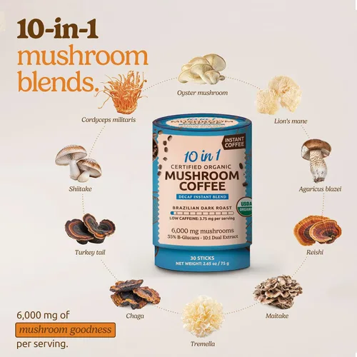 Vista 3 de ShroomDNA - Café de hongos descafeinado orgánico 10 en 1 certificado por USDA, café descafeinado instantáneo de hongos, tostado oscuro brasileño