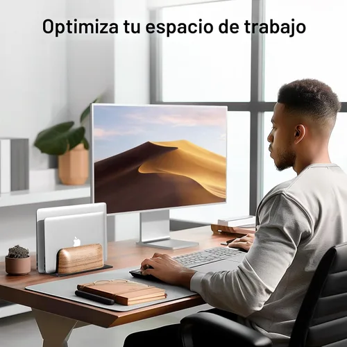 Vista 5 de UPERGO Soporte vertical para laptop, soporte vertical de madera de doble ranura para escritorio, base ajustable de ancho para MacBook Pro y otras
