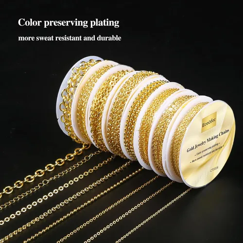Vista 4 de Ecoofor Cadenas de collar de oro para hacer joyas, 62.3 pies, 8 rollos de cadenas de joyería para hacer collares, pulseras y joyas con anillos