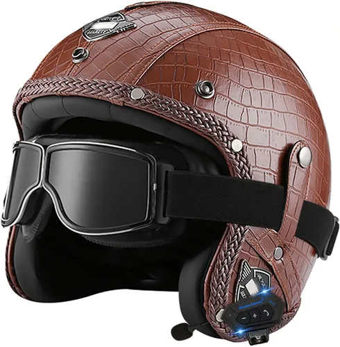 Vista 14 de Casco retro de motocicleta con Bluetooth, casco de cuero Jet con gafas personalizadas, medio casco de motocicleta 3/4 aprobado por DOT, casco