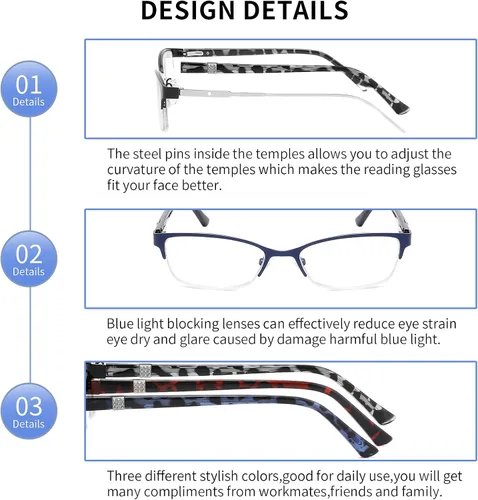 Vista 4 de 3Pack Reading Glasses Women Metal Half Frame Anti UV/ Glare