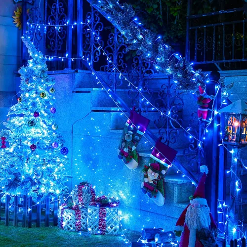 Vista 2 de JMEXSUSS 150 luces LED azules de Navidad para interiores y exteriores, luces de cadena conectables de 59 pies con enchufe, 8 modos de luces de hadas