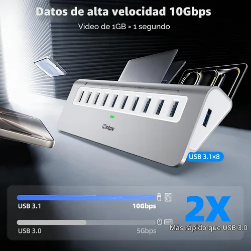 Vista 9 de Hub USB alimentado de 10 Gbps, concentrador USB 3.2 Gen 2 de 10 puertos con 7 puertos de datos USB 3.2, 3 puertos de carga rápida, adaptador