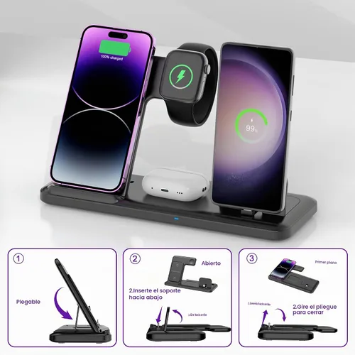 Vista 4 de Cargador inalámbrico para estación de carga de iPhone, plegable 4 en 1, carga rápida para iPhone 16, 15, 14, 13, 12 Pro Max, soporte de cargador
