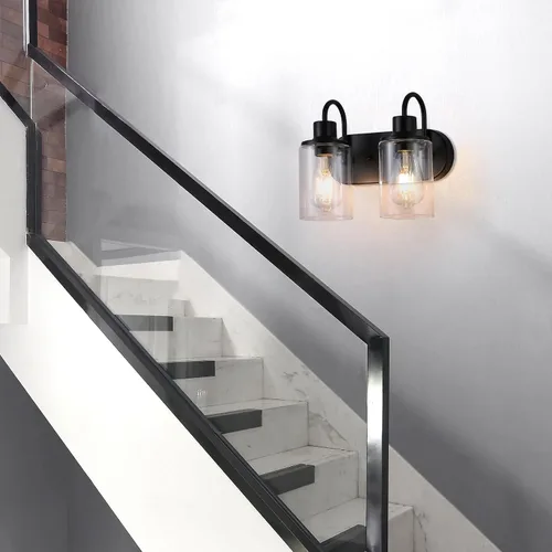 Vista 7 de Lámpara de baño negra mate sobre espejo, lámpara de tocador de baño de 2 luces con pantalla de vidrio transparente, apliques de pared modernos