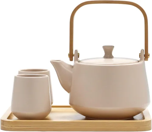 Vista 6 de Urban Tokyo Juego de té de cerámica con bandeja de bambú, tetera de 20 onzas líquidas con 2 tazas, esmalte mate satinado, servicio de té de Rosa