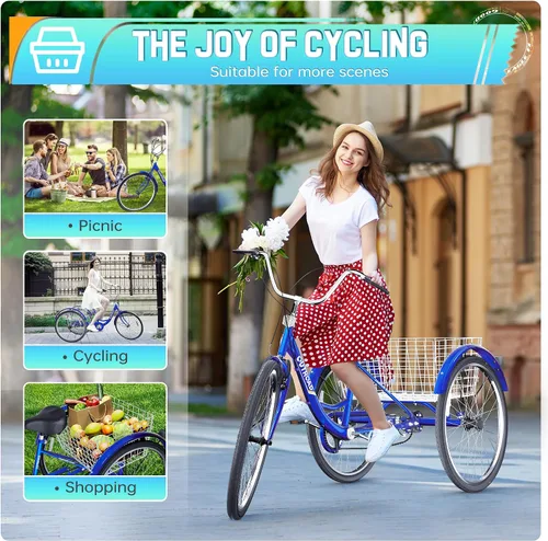 Vista 2 de 24/26 Inch Adult Tricycle, 3 Wheel Bikes with Large Basket, Cruiser Bike for Women/Men/Seniors, Adult Trike for Outdoor/Shopping/Recreation/Picnic