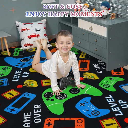 Vista 4 de STARUIA Alfombra negra con video gamer para habitación de niños, pequeña alfombra lavable de 3 x 5 pies para dormitorio de niños, alfombra suave