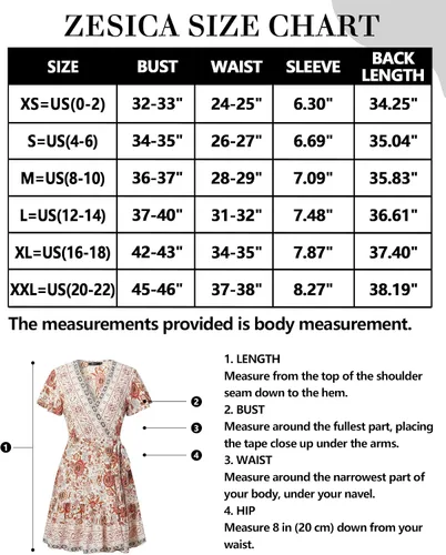 Vista 5 de ZESICA - Vestido corto con cuello en V cruzado para mujer, estampado floral bohemio, con vuelos, acampanado, vestido de verano 2024 para la playa